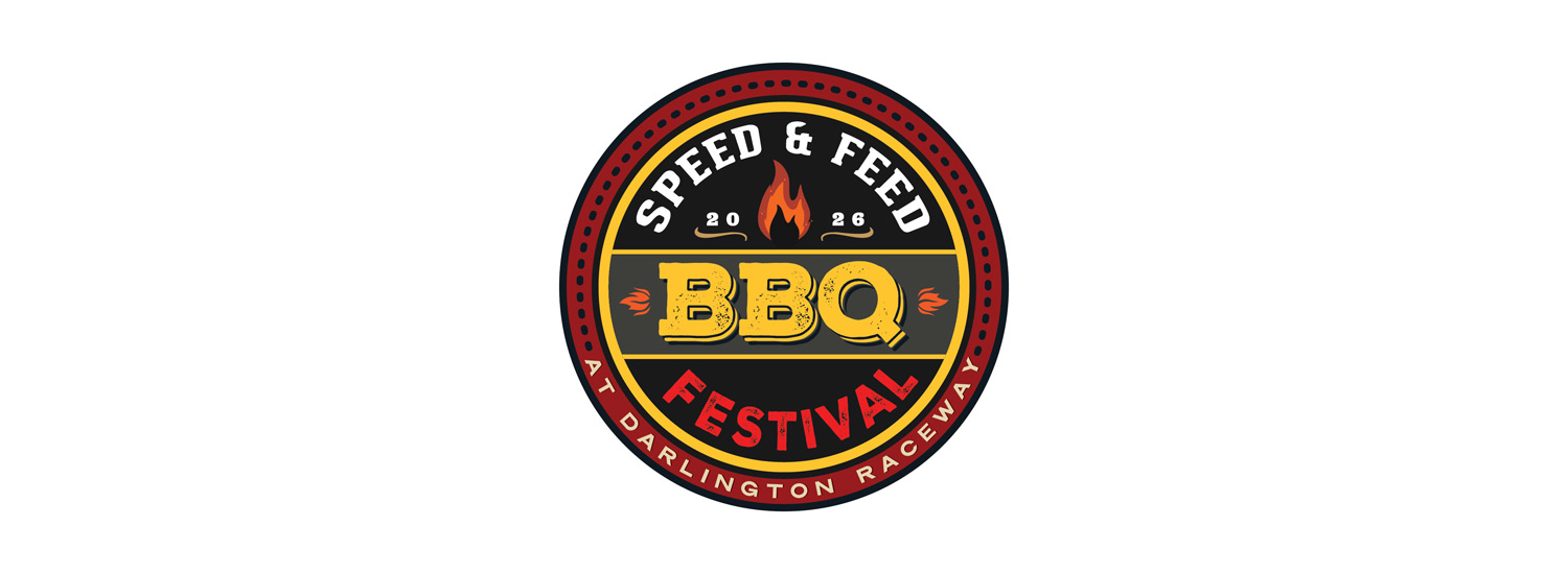 Circular logo for the 2026 Speed & Feed BBQ Festival at Darlington Raceway. The design features a flame above the text ‘BBQ,’ with the words ‘Speed & Feed’ at the top and ‘Festival at Darlington Raceway’ around the outer ring.