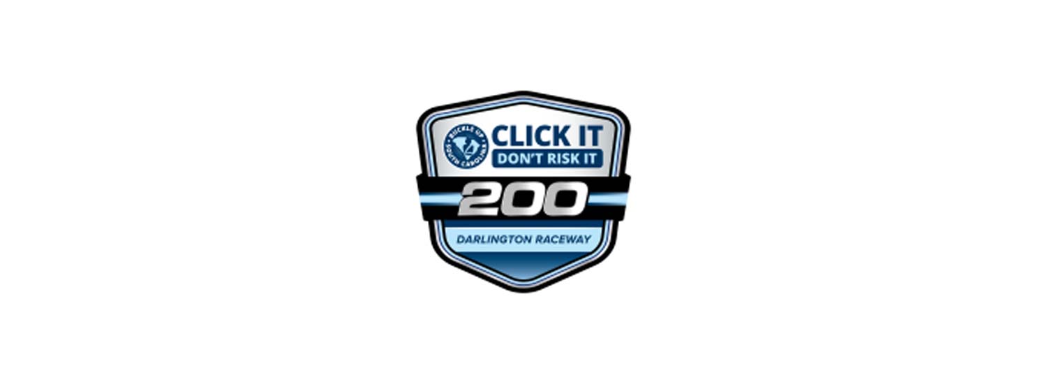 Shield-shaped event logo on a light gray background reading “Click It Don’t Risk It 200” with “Darlington Raceway” at the bottom, featuring blue and black accents and a small South Carolina emblem near the top.
