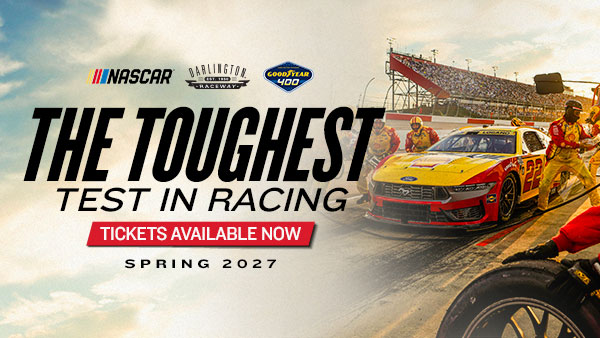 Promotional graphic for the 2027 Goodyear 400 at Darlington Raceway. NASCAR, Darlington Raceway, and Goodyear 400 logos appear above the headline, 