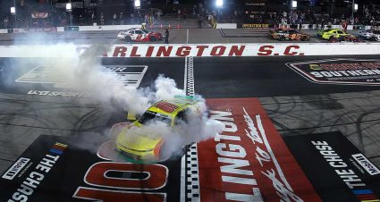 Sheldon Creed, driver of the #00 Ollie's Chevrolet, celebrates with a burnout as fireworks erupt after winning the NASCAR O'Reilly Auto Parts Series Fleetio 200 at Darlington Raceway on September 05, 2026 in Darlington, South Carolina.