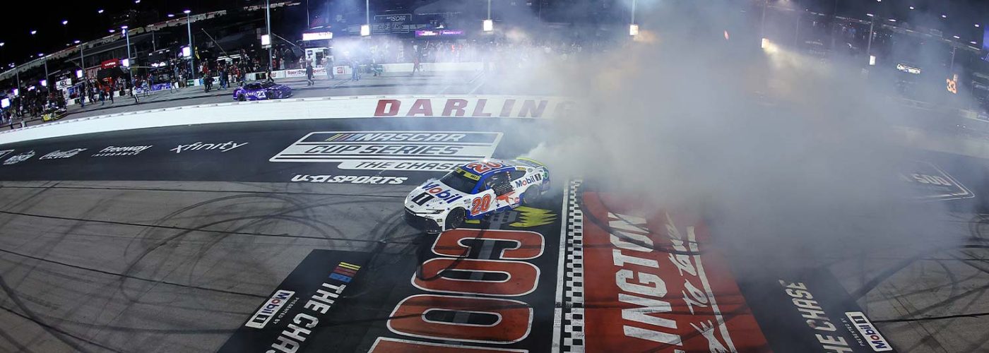 Christopher Bell, driver of the #20 Mobil 1 Toyota, celebrates with a burnout after winning the NASCAR Cup Series Cook Out Southern 500 at Darlington Raceway on September 06, 2026 in Darlington, South Carolina.