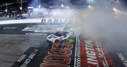 Christopher Bell, driver of the #20 Mobil 1 Toyota, celebrates with a burnout after winning the NASCAR Cup Series Cook Out Southern 500 at Darlington Raceway on September 06, 2026 in Darlington, South Carolina.